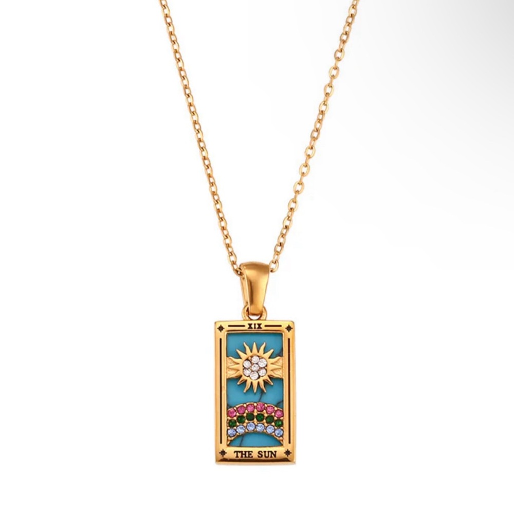 Tai Gold and Teal Sun Tarot Pendant Necklace